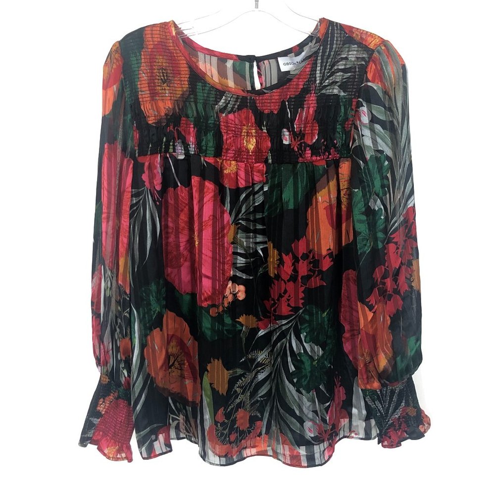 NWT Womens Size Small Gibson Latimer Multicolor Smocked Floral Print Blouse Top